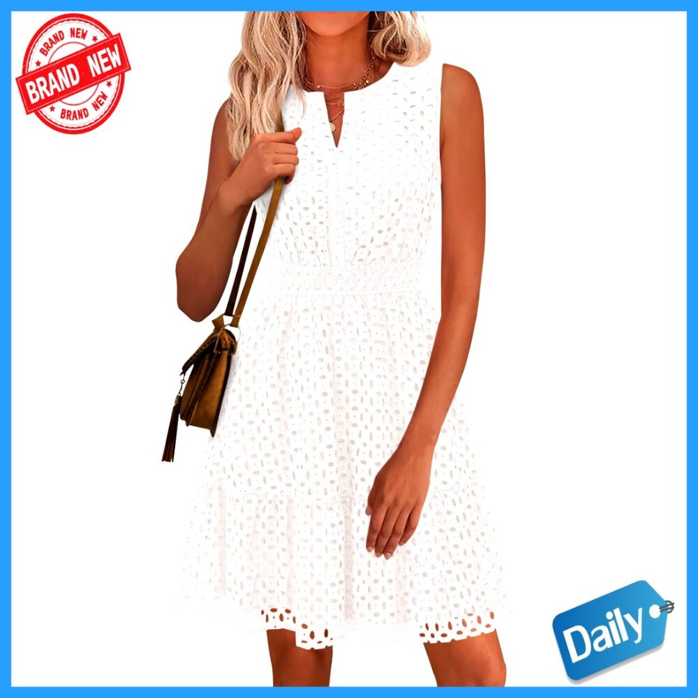 Sleeveless V-Neck Eyelet A-Line Summer Dress, Knee-Length, Elastic Waist